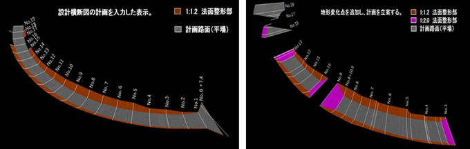 写真2) 当初計画設計データ(左)、現場の4分割施工を見える化した設計計画データ(右)